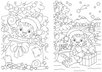 Set of cute Christmas tiger cubs with gifts. Coloring book page for kids. Cartoon style character. Vector illustration isolated on white background.