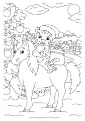 Fototapeta premium A tiger cub riding a unicorn greets the new year. Coloring book page for kids. Cartoon style character. Vector illustration isolated on white background.