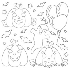 Set of elements for Halloween pumpkins, ghosts, bats. Coloring book page for kids. Cartoon style character. Vector illustration isolated on white background.