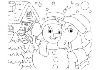A magical unicorn and a snowman celebrate the new year together. Coloring book page for kids. Cartoon style character. Vector illustration isolated on white background.