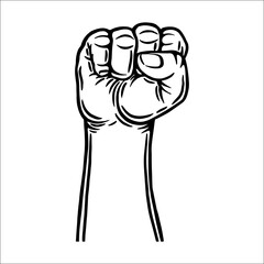 Male hand gestures. The hand is clenched into a fist. Outline contour. Design element. Vector illustration isolated on white background. Template for books, stickers, posters, cards, clothes.