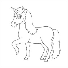 Cute unicorn. Magic fairy horse. Coloring book page for kids. Cartoon style. Vector illustration isolated on white background.