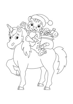 A tiger cub riding a unicorn carries gifts. Coloring book page for kids. Cartoon style character. Vector illustration isolated on white background.