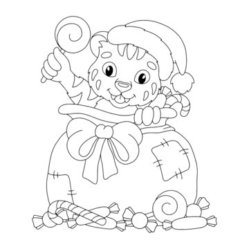 A cute tiger cub sits in a bag with gifts and sweets. Coloring book page for kids. Cartoon style character. Vector illustration isolated on white background.