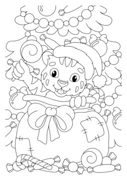The tiger is the symbol of the year in a bag with gifts and sweets. Coloring book page for kids. Cartoon style character. Vector illustration isolated on white background.