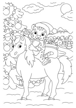A tiger cub riding a unicorn greets the new year. Coloring book page for kids. Cartoon style character. Vector illustration isolated on white background.