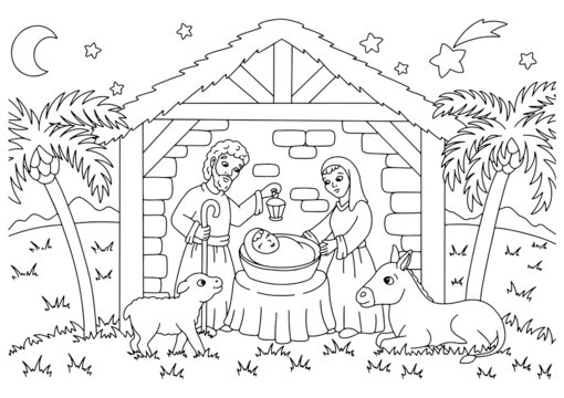 Nativity scene. Coloring book page for kids. Cartoon style character. Vector illustration isolated on white background.