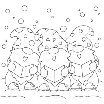 The dwarfs are singing Christmas carols. Coloring book page for kids. Cartoon style character. Vector illustration isolated on white background.