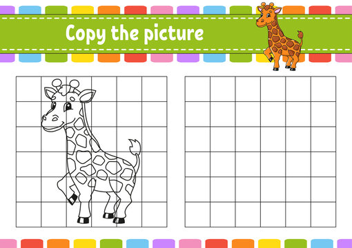 Giraffe animal. Copy the picture. Coloring book pages for kids. Education developing worksheet. Game for children. Handwriting practice. Coon character.