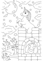 The unicorn stands on a high castle. Coloring book page for kids. Cartoon style character. Vector illustration isolated on white background.