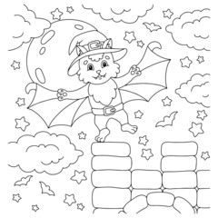 A cute bat flew into the castle. Coloring book page for kids. Cartoon style character. Vector illustration isolated on white background.