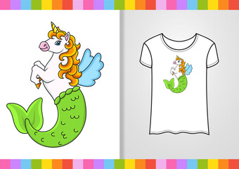 Cute character on shirt. Cute mermaid unicorn. Hand drawn. Design for kids clothers. Cute colorful vector illustration. Cartoon style. Isolated on white background.