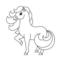 Cute horse. Farm animal. Coloring book page for kids. Cartoon style. Vector illustration isolated on white background.