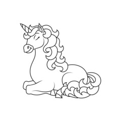 Cute unicorn. Magic fairy horse. Coloring book page for kids. Cartoon style. Vector illustration isolated on white background.