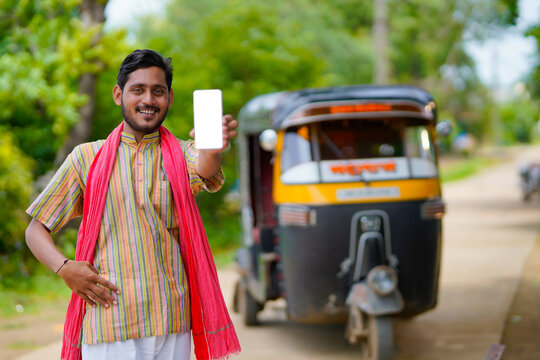 Indian Auto Rickshaw Three-wheeler Tuk-tuk Taxi Driver Man Showing Smartphone