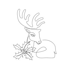 Continuous line drawing of cartoon reindeer animal with holly berries