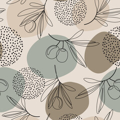 Olive leaves seamless pattern in continuous line art style