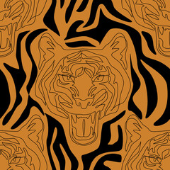 Tiger head line drawing, minimal elements seamless pattern.
