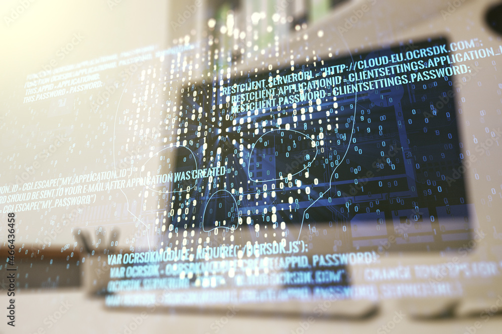 Poster creative code skull sketch and modern desk with computer on background, theft of personal data and m
