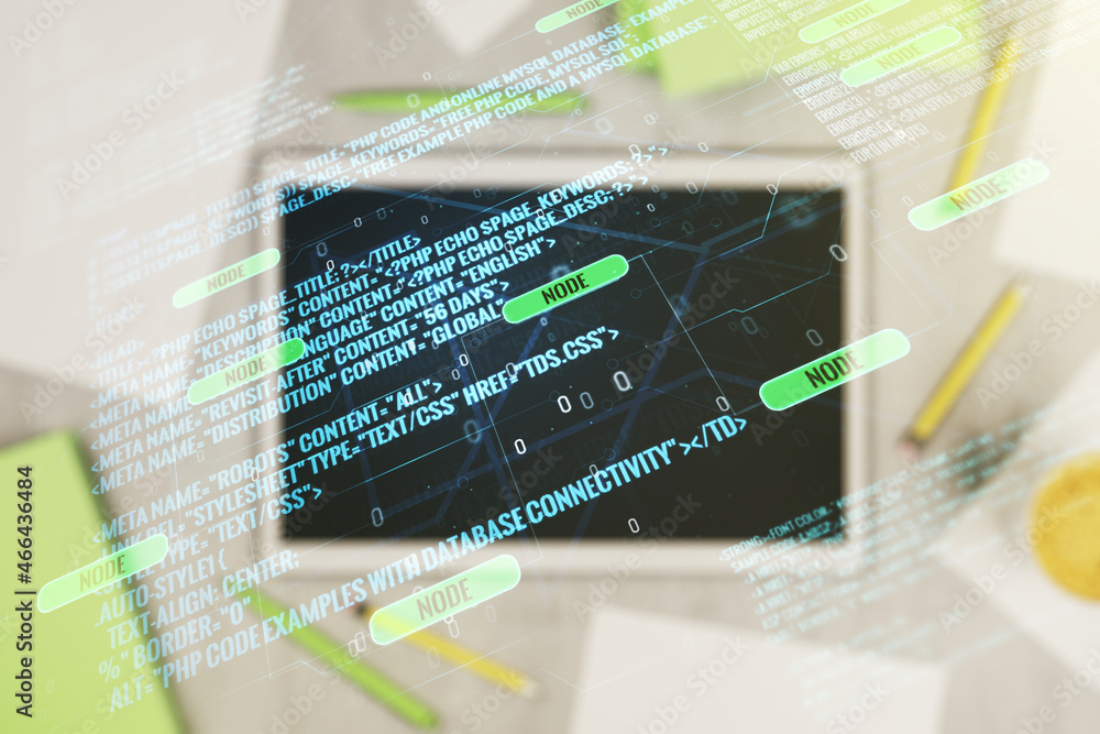 Poster abstract creative coding illustration and modern digital tablet on desktop on background, top view, 