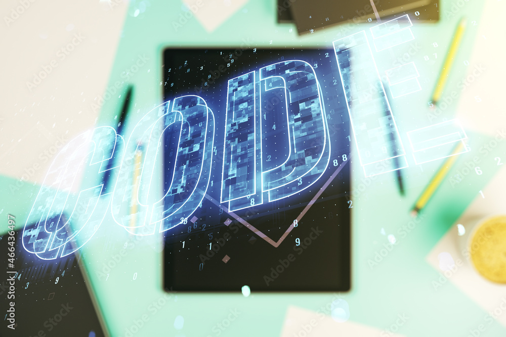 Poster creative code word hologram and digital tablet on background, top view, artificial intelligence and 