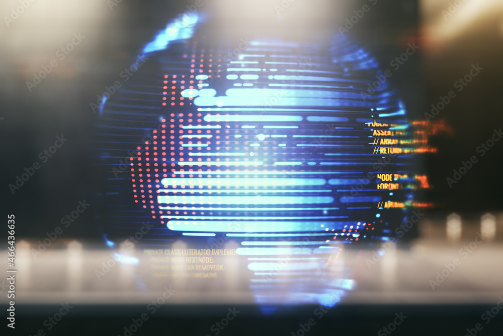 Poster multi exposure of abstract graphic coding sketch and world map on blurry contemporary office buildin
