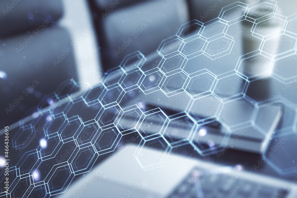 Poster creative concept of wireless technology with hexagon hologram on modern laptop background. big data 