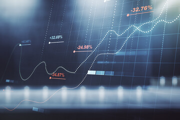 Multi exposure of creative statistics data hologram on modern business center exterior background, stats and analytics concept