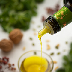 Aceite de oliva virgen extra sirviendo en cazo de aceite para ensalada.
