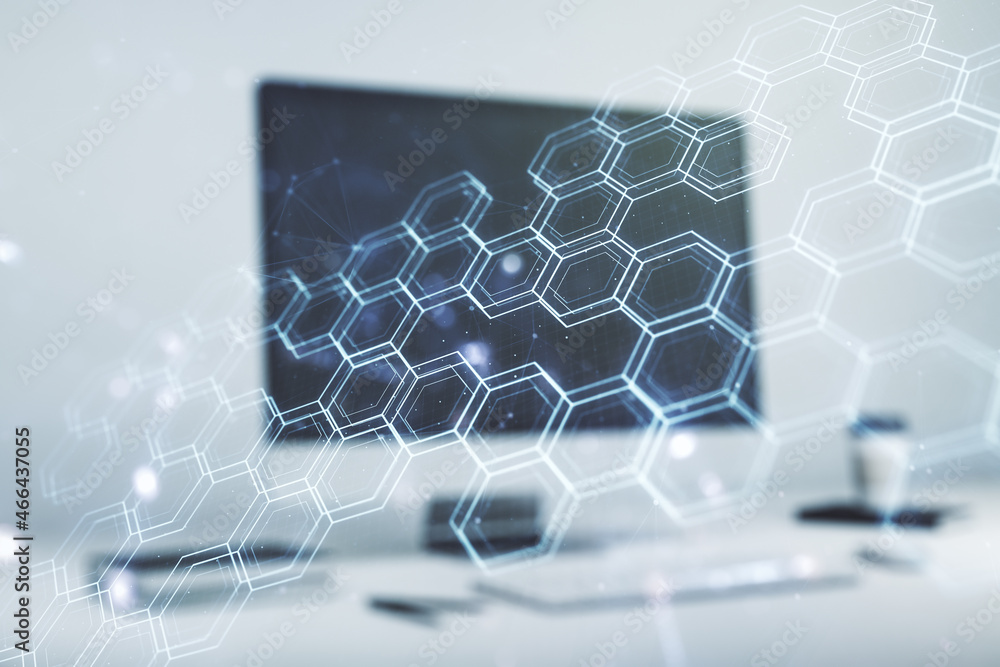 Poster double exposure of technology hologram with hexagon on laptop background. research and development s