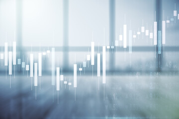 Multi exposure of abstract virtual financial graph hologram on empty corporate office background, forex and investment concept
