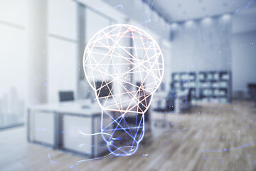 Virtual Idea concept with light bulb illustration on a modern furnished office background....