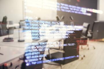 Double exposure of abstract programming language interface on modern corporate office background, research and development concept