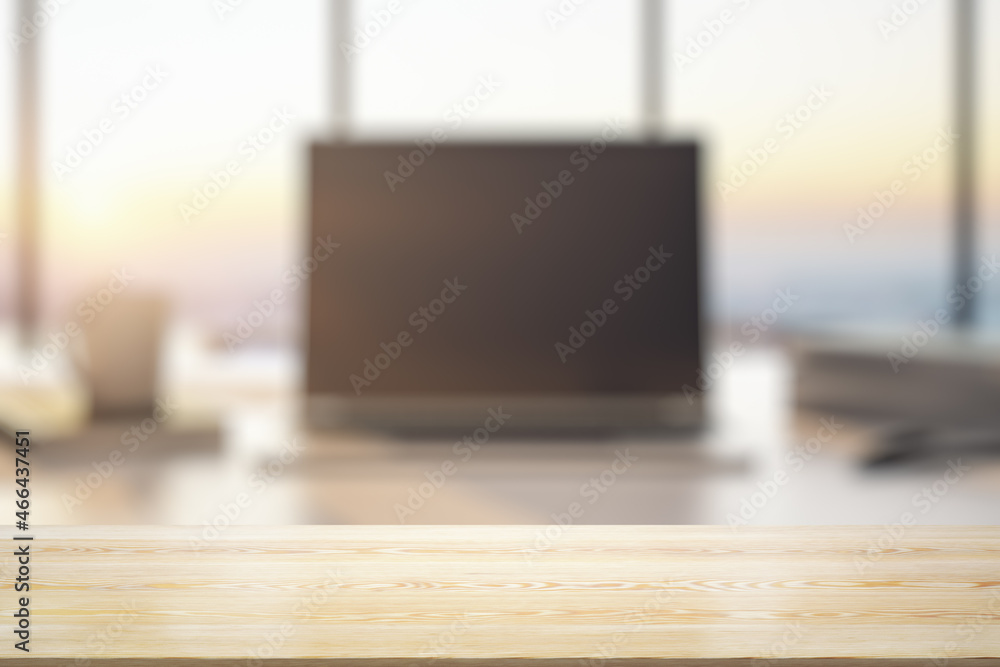 Aufkleber empty office wooden table with empty space on modern workplace with computer background, closeup, mo