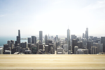 Blank tabletop made of wooden planks with beautiful Chicago cityscape at daytime on background, mockup