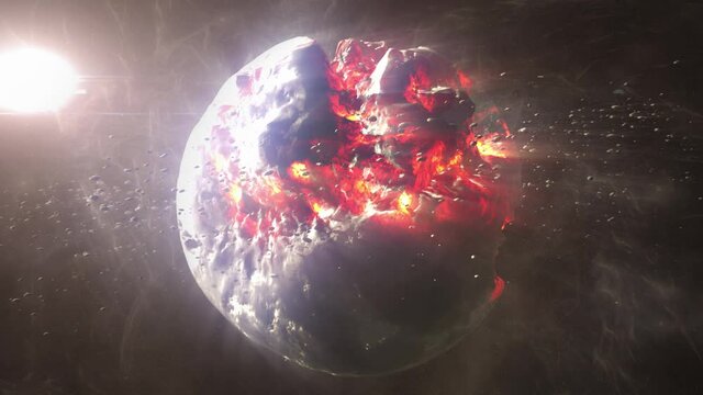 Dead planet with hot lava magma and asteroids
Cinematic view of destroyed death star after meteor asteroids impact
