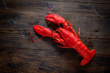 Boiled red Lobsters. Crawfish on wooden background. Seafood