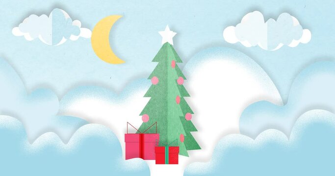 Paper composition of the Christmas tree and gifts on a snow-covered background. 3D animation.