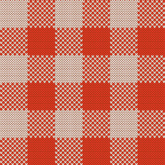 Red and white knit gingham seamless pattern. Vector illustration of knitted plaid texture from squares. Abstract geometric handmade background for blankets, clothes.