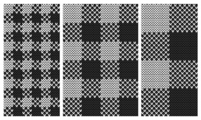 Set of black and white knit gingham seamless patterns. Vector illustration of knitted plaid texture from squares. Abstract geometric handmade background for blankets, sweaters, clothes.