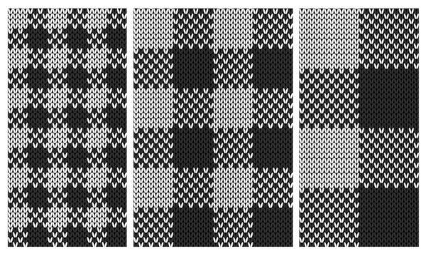 Set of black and white knit gingham seamless patterns. Vector illustration of knitted plaid texture from squares. Abstract geometric handmade background for blankets, sweaters, clothes.