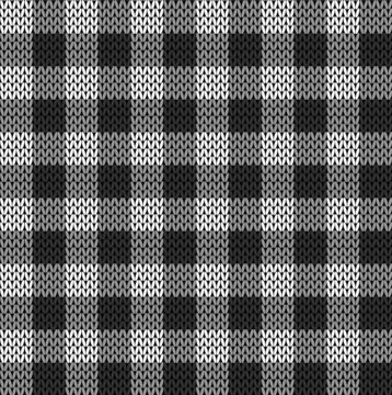Black and white knit gingham seamless pattern. Vector illustration of knitted plaid texture from squares. Abstract geometric handmade background for blankets, sweaters, clothes.