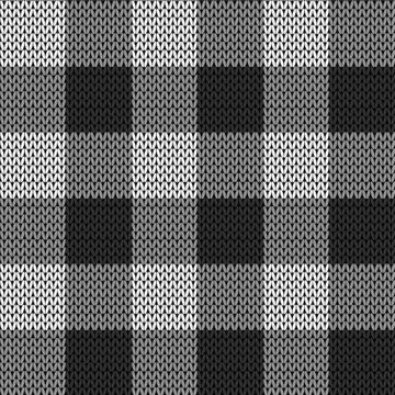 Black and white knit gingham seamless pattern. Vector illustration of knitted plaid texture from squares. Abstract geometric handmade background for blankets, sweaters, clothes.