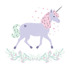 Cute unicorn full-length and floral garland. Purple fantasy animal with horn, pink mane. Side view. Colorful vector illustration in cartoon style.