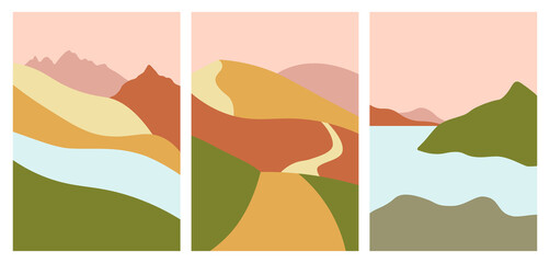 Set of abstract japanese landscapes. Flat wavy boho aesthetic posters with curvy shapes of hills, mountains, sea. Trendy mid century flat collage minimal design.