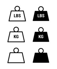 set of unit imperial pound mass, kilogram, and metal weight heavy solid and line art style icon vector for websites