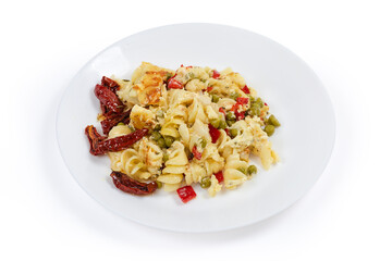 Pasta casserole with supplemented sun-dried tomatoes on white background