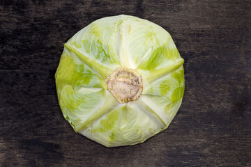 White cabbage head, view from cabbage stalk side close-up