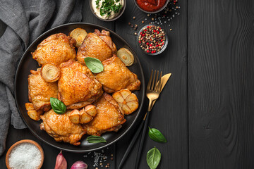 Fried chicken thighs in a black plate close-up. Top view, copy space.