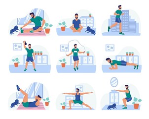 Set - the guy does sports at home. A young man stands in a plank, does yoga, squats, shakes his abs, jumps on a rope. Flat vector illustration